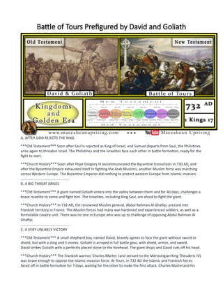 Battle of Tours Prefigured by David and Goliath
A. AFTER GOD REJECTS THE KING
***Old Testament*** Soon after Saul is rejected as King of Israel, and Samuel departs from Saul, the Philistines
arise again to threaten Israel. The Philistines and the Israelites face each other in battle formation, ready for the
fight to start.
***Church History*** Soon after Pope Gregory III excommunicated the Byzantine Iconoclasts in 730 AD, and
after the Byzantine Empire exhausted itself in fighting the Arab Muslims, another Muslim force was marching
across Western Europe. The Byzantine Emperor did nothing to protect western Europe from Islamic invasion.
................................................
B. A BIG THREAT ARISES
***Old Testament*** A giant named Goliath enters into the valley between them and for 40 days, challenges a
brave Israelite to come and fight him. The Israelites, including King Saul, are afraid to fight the giant.
***Church History*** In 732 AD, the renowned Muslim general, Abdul Rahman Al Ghafiqi, pressed into
Frankish territory in France. The Muslim forces had many war-hardened and experienced soldiers, as well as a
formidable cavalry unit. There was no one in Europe who was up to challenge of opposing Abdul Rahman Al
Ghafiqi.
................................................
C. A VERY UNLIKELY VICTORY
***Old Testament*** A small shepherd boy, named David, bravely agrees to face the giant without sword or
shield, but with a sling and 5 stones. Goliath is arrayed in full battle gear, with shield, armor, and sword.
David strikes Goliath with a perfectly placed stone to the forehead. The giant drops and David cuts off his head.
***Church History*** The Frankish warrior, Charles Martel, (and servant to the Merovingian King Theuderic IV)
was brave enough to oppose the Islamic invasion force. At Tours, in 732 AD the Islamic and Frankish forces
faced off in battle formation for 7 days, waiting for the other to make the first attack. Charles Martel and his
 