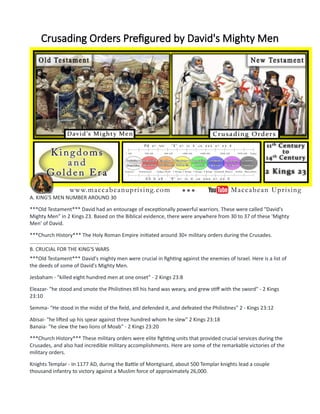 Crusading Orders Prefigured by David's Mighty Men
A. KING'S MEN NUMBER AROUND 30
***Old Testament*** David had an entourage of exceptionally powerful warriors. These were called "David's
Mighty Men" in 2 Kings 23. Based on the Biblical evidence, there were anywhere from 30 to 37 of these 'Mighty
Men' of David.
***Church History*** The Holy Roman Empire initiated around 30+ military orders during the Crusades.
................................................
B. CRUCIAL FOR THE KING'S WARS
***Old Testament*** David's mighty men were crucial in fighting against the enemies of Israel. Here is a list of
the deeds of some of David's Mighty Men.
Jesbaham - "killed eight hundred men at one onset" - 2 Kings 23:8
Eleazar- "he stood and smote the Philistines till his hand was weary, and grew stiff with the sword" - 2 Kings
23:10
Semma- "He stood in the midst of the field, and defended it, and defeated the Philistines" 2 - Kings 23:12
Abisai- "he lifted up his spear against three hundred whom he slew" 2 Kings 23:18
Banaia- "he slew the two lions of Moab" - 2 Kings 23:20
***Church History*** These military orders were elite fighting units that provided crucial services during the
Crusades, and also had incredible military accomplishments. Here are some of the remarkable victories of the
military orders.
Knights Templar - In 1177 AD, during the Battle of Montgisard, about 500 Templar knights lead a couple
thousand infantry to victory against a Muslim force of approximately 26,000.
 
