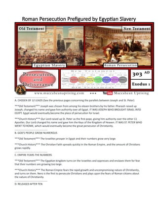 Roman Persecution Prefigured by Egyptian Slavery
..............................................
A. CHOSEN OF 12 LEADS (See the previous pages concerning the parallels between Joseph and St. Peter)
***Old Testament*** Joseph was chosen from among his eleven brothers by his father. Pharaoh raised up
Joseph, changed his name and gave him authority over all Egypt. IT WAS JOSEPH WHO BROUGHT ISRAEL INTO
EGYPT. Egypt would eventually become the place of persecution for Israel.
***Church History*** Our Lord raised up St. Peter as the first pope, giving him authority over the other 11
Apostles. Our Lord changed his name and gave him the Keys of the Kingdom of Heaven. IT WAS ST. PETER WHO
WENT TO ROME, which would eventually become the great persecutor of Christianity.
..............................................
B. GOD'S PEOPLE GROW NUMEROUS
***Old Testament*** The Israelites prosper in Egypt and their numbers grow very large.
***Church History*** The Christian Faith spreads quickly in the Roman Empire, and the amount of Christians
grows rapidly.
..............................................
C. EMPIRE FEARS THE NUMBERS
***Old Testament*** The Egyptian kingdom turns on the Israelites and oppresses and enslaves them for fear
that their numbers are growing too large.
***Church History*** The Roman Empire fears the rapid growth and uncompromising nature of Christianity,
and turns on them. Nero is the first to persecute Christians and plays upon the fears of Roman citizens about
the nature of Christianity.
..............................................
D. RELEASED AFTER TEN
 