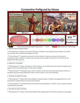 Constantine Prefigured by Moses
A. MOTHER WAS OF GOD'S PEOPLE
***Old Testament*** Moses was raised in the house of Pharaoh, even though he was a Hebrew. His mother
was a woman of the Old Covenant (people of Israel).
***Church History*** Constantine was taken from his mother, St. Helena, and raised in the house of
Constantine, Caesar of Rome. St. Helena was a Christian and a member of the Church. The Church are the
people of the New Covenant.
..................................................
B. PRINCE OF THE EMPIRE
***Old Testament*** Moses, the deliverer of the Israelites, was a Hebrew who was raised in the high court of
Egypt, himself most likely being one of two princes of Egypt.
***Church History*** Constantine was a ‘prince’ or Rome. At this time, there were two Caesars of Rome, as
Diocletian had just recently divided the Empire in half in order to rule it more efficiently.
..................................................
C. RECEIVED AUTHORITY IN EXILE
***Old Testament*** Moses fled north to Midian to escape Pharaoh. In Midian, God appeared to him in the
burning bush and gave Moses his mission and authority.
***Church History*** Constantine fled north to Britain to escape Galerius. In Britain, he was crowned emperor
and received his authority.
..................................................
D. RETURNS TO FREE HIS PEOPLE
***Old Testament*** Moses returned from Midian back to Egypt where he freed the Israelites from bondage.
 