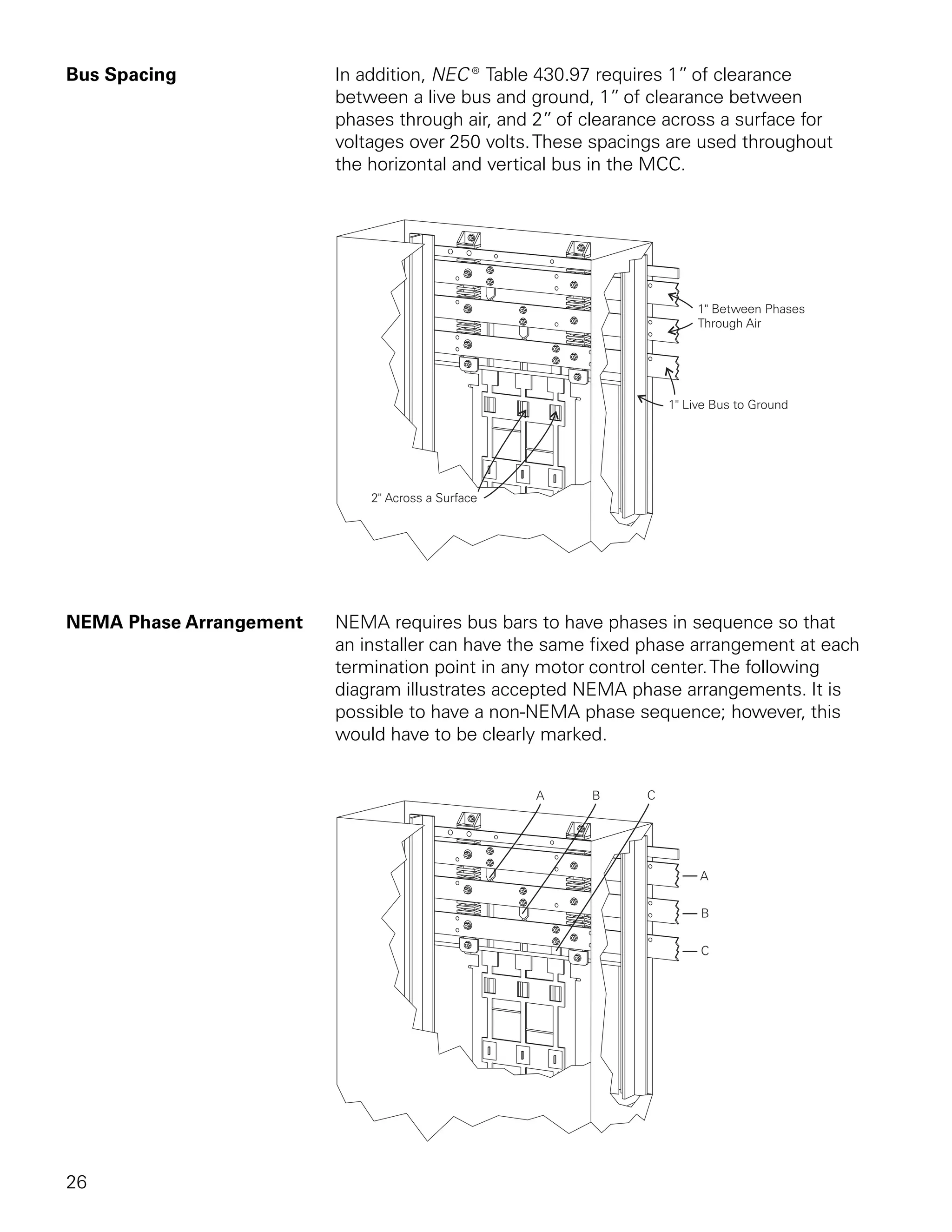 Bus Spacing              In addition, NEC® Table 430.97 requires 1” of clearance
                         between a live bus and ground, 1” of clearance between
                         phases through air, and 2” of clearance across a surface for
                         voltages over 250 volts. These spacings are used throughout
                         the horizontal and vertical bus in the MCC.




NEMA Phase Arrangement   NEMA requires bus bars to have phases in sequence so that
                         an installer can have the same fixed phase arrangement at each
                         termination point in any motor control center. The following
                         diagram illustrates accepted NEMA phase arrangements. It is
                         possible to have a non-NEMA phase sequence; however, this
                         would have to be clearly marked.




26
 