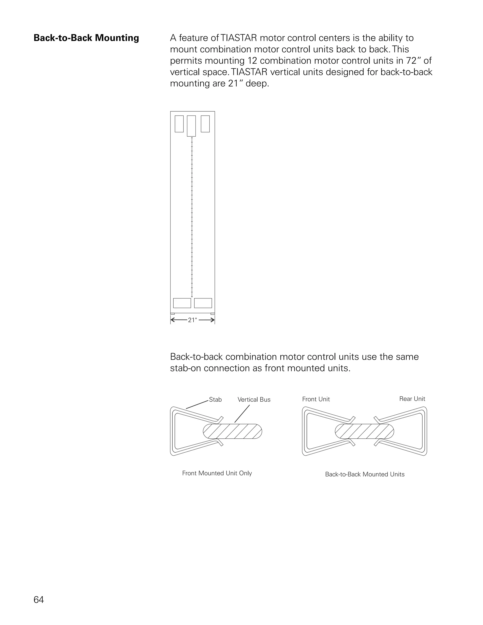 Back-to-Back Mounting   A feature of TIASTAR motor control centers is the ability to
                        mount combination motor control units back to back. This
                        permits mounting 12 combination motor control units in 72” of
                        vertical space. TIASTAR vertical units designed for back-to-back
                        mounting are 21” deep.




                        Back-to-back combination motor control units use the same
                        stab-on connection as front mounted units.




64
 