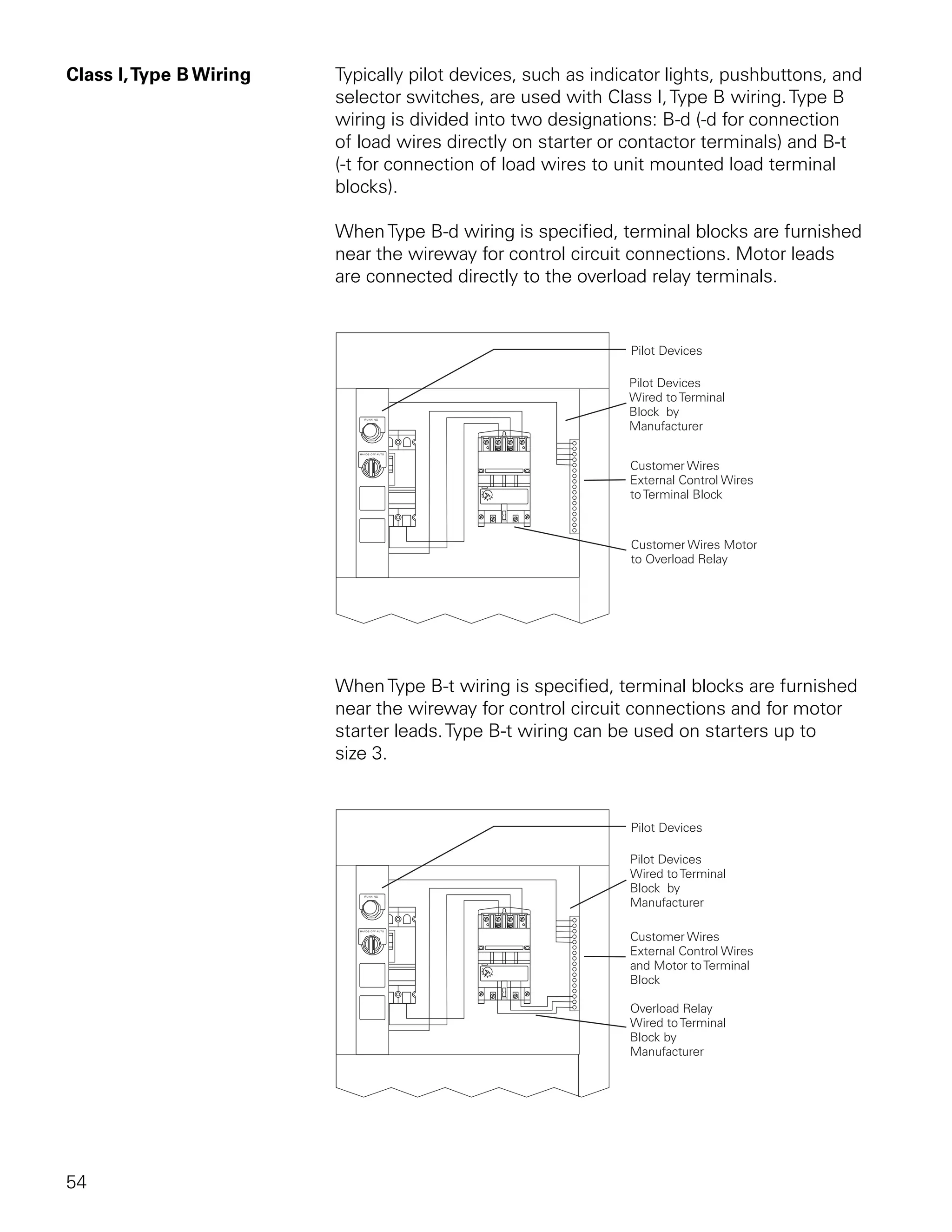 Class I, Type B Wiring   Typically pilot devices, such as indicator lights, pushbuttons, and
                         selector switches, are used with Class I, Type B wiring. Type B
                         wiring is divided into two designations: B-d (-d for connection
                         of load wires directly on starter or contactor terminals) and B-t
                         (-t for connection of load wires to unit mounted load terminal
                         blocks).

                         When Type B-d wiring is specified, terminal blocks are furnished
                         near the wireway for control circuit connections. Motor leads
                         are connected directly to the overload relay terminals.




                         When Type B-t wiring is specified, terminal blocks are furnished
                         near the wireway for control circuit connections and for motor
                         starter leads. Type B-t wiring can be used on starters up to
                         size 3.




54
 
