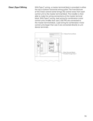 Class I, Type C Wiring   With Type C wiring, a master terminal block is provided in either
                         the top or bottom horizontal wiring gutter. The manufacturer
                         of the motor control center brings the control wires from each
                         control unit to the master terminal block. The installer is then
                         able to make his wiring connections at the master terminal
                         block. With Type C wiring, load wiring for combination motor
                         control units smaller than size 3 (50 HP) are connected to
                         the master terminal block. Load wiring for combination motor
                         control units larger than size 3 are connected directly to unit
                         device terminals..




                                                                                       55
 