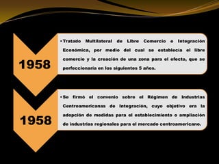 1958
•Tratado Multilateral de Libre Comercio e Integración
Económica, por medio del cual se establecía el libre
comercio y la creación de una zona para el efecto, que se
perfeccionaría en los siguientes 5 años.
1958
•Se firmó el convenio sobre el Régimen de Industrias
Centroamericanas de Integración, cuyo objetivo era la
adopción de medidas para el establecimiento o ampliación
de industrias regionales para el mercado centroamericano.
 