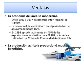 Ventajas
• La economía del área se modernizó.
– Entre 1990 y 1997 el comercio inter-regional se
triplicó.
– La tasa anual de crecimiento en el período fue de
aproximadamente 16 %
– En 1998 aproximadamente un 45% de las
exportaciones se destinaron a EE.UU., a América
Latina fue un 27% y a la Comunidad Andina un 2%.
• La producción agrícola proporcionó muchos
beneficios.
 