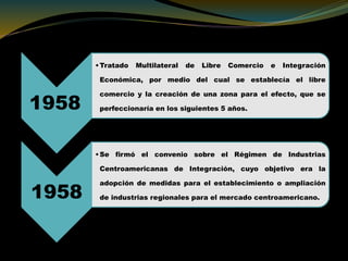 1958
•Tratado Multilateral de Libre Comercio e Integración
Económica, por medio del cual se establecía el libre
comercio y la creación de una zona para el efecto, que se
perfeccionaría en los siguientes 5 años.
1958
•Se firmó el convenio sobre el Régimen de Industrias
Centroamericanas de Integración, cuyo objetivo era la
adopción de medidas para el establecimiento o ampliación
de industrias regionales para el mercado centroamericano.
 