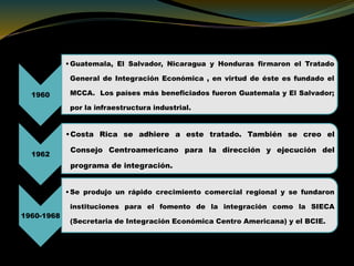 1960
•Guatemala, El Salvador, Nicaragua y Honduras firmaron el Tratado
General de Integración Económica , en virtud de éste es fundado el
MCCA. Los países más beneficiados fueron Guatemala y El Salvador;
por la infraestructura industrial.
1962
•Costa Rica se adhiere a este tratado. También se creo el
Consejo Centroamericano para la dirección y ejecución del
programa de integración.
1960-1968
•Se produjo un rápido crecimiento comercial regional y se fundaron
instituciones para el fomento de la integración como la SIECA
(Secretaria de Integración Económica Centro Americana) y el BCIE.
 
