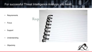 • Requirements
• Focus
• Support
• Understanding
• Objectivity
For successful Threat Intelligence Analysis you need…
 