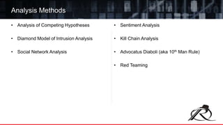 • Analysis of Competing Hypotheses
• Diamond Model of Intrusion Analysis
• Social Network Analysis
• Sentiment Analysis
• Kill Chain Analysis
• Advocatus Diaboli (aka 10th Man Rule)
• Red Teaming
Analysis Methods
 