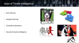 • Early Warning
• Strategic Planning
• Competitive Operations
• Security & Counter Intelligence
Uses of Threat Intelligence
 