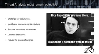 • Challenge key assumptions
• Identify and overcome mental mindsets
• Structure substantive uncertainties
• Generate alternatives
• Reduce the chance of surprise
Threat Analysts must remain objective
 