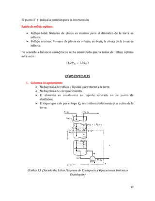 17
El punto indica la posición para la intersección.
Razón de reflujo optimo:
 Reflujo total: Numero de platos es mínimo pero el diámetro de la torre es
infinito.
 Reflujo mínimo: Numero de platos es infinito, es decir, la altura de la torre es
infinita.
De acuerdo a balances económicos se ha encontrado que la razón de reflujo optimo
esta entre:
( )
CASOS ESPECIALES
1. Columna de agotamiento
 No hay nada de reflujo o líquido que retorne a la torre.
 No hay línea de enriquecimiento.
 El alimento es usualmente un líquido saturado en su punto de
ebullición.
 El vapor que sale por el tope se condensa totalmente y se retira de la
torre.
Grafica 13. (Sacado del Libro Procesos de Transporte y Operaciones Unitarias
Geankoplis)
 