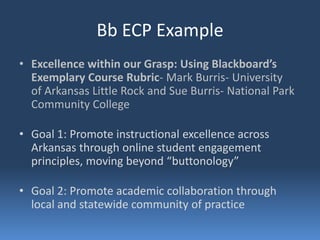 Bb ECP Example
• Excellence within our Grasp: Using Blackboard’s
  Exemplary Course Rubric- Mark Burris- University
  of Arkansas Little Rock and Sue Burris- National Park
  Community College

• Goal 1: Promote instructional excellence across
  Arkansas through online student engagement
  principles, moving beyond “buttonology”

• Goal 2: Promote academic collaboration through
  local and statewide community of practice
 