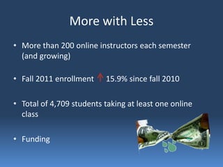 More with Less
• More than 200 online instructors each semester
  (and growing)

• Fall 2011 enrollment    15.9% since fall 2010

• Total of 4,709 students taking at least one online
  class

• Funding
 