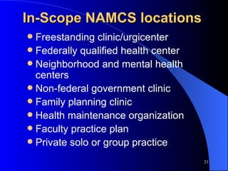 In-Scope NAMCS locations  Freestanding clinic/urgicenter Federally qualified health center Neighborhood and mental health centers Non-federal government clinic Family planning clinic Health maintenance organization Faculty practice plan Private solo or group practice 