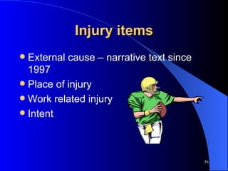 Injury items External cause – narrative text since 1997 Place of injury Work related injury Intent 
