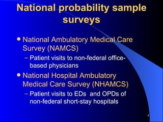 National probability sample surveys National Ambulatory Medical Care Survey (NAMCS) Patient visits to non-federal office-based physicians National Hospital Ambulatory Medical Care Survey (NHAMCS) Patient visits to EDs  and OPDs of non-federal short-stay hospitals 