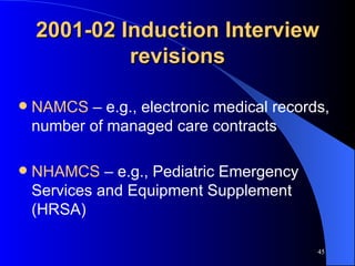 2001-02 Induction Interview revisions NAMCS  – e.g., electronic medical records, number of managed care contracts NHAMCS  – e.g., Pediatric Emergency Services and Equipment Supplement (HRSA) 