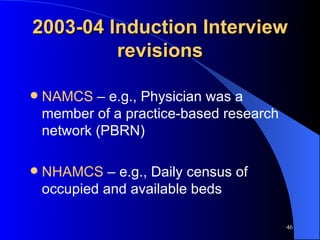 2003-04 Induction Interview revisions NAMCS  – e.g., Physician was a member of a practice-based research network (PBRN) NHAMCS  – e.g., Daily census of occupied and available beds 