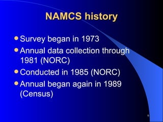 NAMCS history Survey began in 1973  Annual data collection through 1981 (NORC) Conducted in 1985 (NORC) Annual began again in 1989   (Census) 