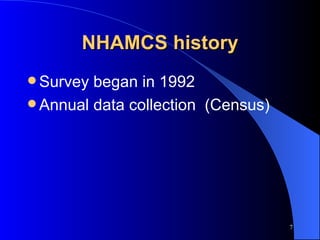 NHAMCS history Survey began in 1992  Annual data collection  (Census) 