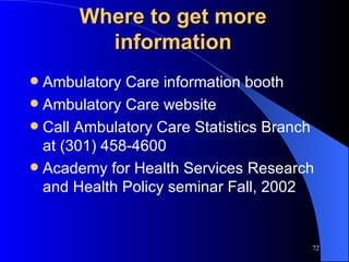 Where to get more information Ambulatory Care information booth Ambulatory Care website Call Ambulatory Care Statistics Branch at (301) 458-4600 Academy for Health Services Research and Health Policy seminar Fall, 2002 