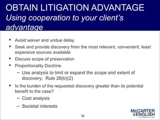 30
OBTAIN LITIGATION ADVANTAGE
Using cooperation to your client’s
advantage
 Avoid waiver and undue delay
 Seek and prov...