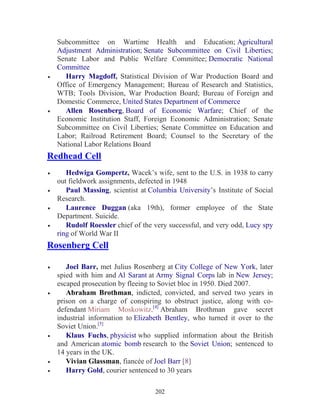 202
Subcommittee on Wartime Health and Education; Agricultural
Adjustment Administration; Senate Subcommittee on Civil Liberties;
Senate Labor and Public Welfare Committee; Democratic National
Committee
• Harry Magdoff, Statistical Division of War Production Board and
Office of Emergency Management; Bureau of Research and Statistics,
WTB; Tools Division, War Production Board; Bureau of Foreign and
Domestic Commerce, United States Department of Commerce
• Allen Rosenberg, Board of Economic Warfare; Chief of the
Economic Institution Staff, Foreign Economic Administration; Senate
Subcommittee on Civil Liberties; Senate Committee on Education and
Labor; Railroad Retirement Board; Counsel to the Secretary of the
National Labor Relations Board
Redhead Cell
• Hedwiga Gompertz, Wacek’s wife, sent to the U.S. in 1938 to carry
out fieldwork assignments, defected in 1948
• Paul Massing, scientist at Columbia University’s Institute of Social
Research.
• Laurence Duggan (aka 19th), former employee of the State
Department. Suicide.
• Rudolf Roessler chief of the very successful, and very odd, Lucy spy
ring of World War II
Rosenberg Cell
• Joel Barr, met Julius Rosenberg at City College of New York, later
spied with him and Al Sarant at Army Signal Corps lab in New Jersey;
escaped prosecution by fleeing to Soviet bloc in 1950. Died 2007.
• Abraham Brothman, indicted, convicted, and served two years in
prison on a charge of conspiring to obstruct justice, along with co-
defendant Miriam Moskowitz.[4]
Abraham Brothman gave secret
industrial information to Elizabeth Bentley, who turned it over to the
Soviet Union.[5]
• Klaus Fuchs, physicist who supplied information about the British
and American atomic bomb research to the Soviet Union; sentenced to
14 years in the UK.
• Vivian Glassman, fiancée of Joel Barr [8]
• Harry Gold, courier sentenced to 30 years
 