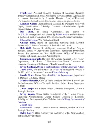 205
• Frank Coe, Assistant Director, Division of Monetary Research,
Treasury Department; Special Assistant to the United States Ambassador
in London; Assistant to the Executive Director, Board of Economic
Warfare; Assistant Administrator, Foreign Economic Administration
• Lauchlin Currie, Administrative Assistant to President Roosevelt;
Deputy Administrator of Foreign Economic Administration; Special
Representative to China
• Rae Elson, an active Communist, and courier of
the CPUSA underground, was chosen by Joseph Katz to replace Bentley
at the Soviet front organization, U.S. Shipping and Service Corporation.
• Edward Fitzgerald, War Production Board
• Charles Flato, Board of Economic Warfare; Civil Liberties
Subcommittee, Senate Committee on Education and Labor
• Bela Gold, Bureau of Intelligence, Assistant Head of Program
Surveys, Bureau of Agricultural Economics, Agriculture Department;
Senate Subcommittee on War Mobilization; Office of Economic
Programs in Foreign Economic Administration
• Sonia Steinman Gold, Division of Monetary Research U.S. Treasury
Department; U.S. House of Representatives Select Committee on
Interstate Migration; U.S. Bureau of Employment Security
• Irving Goldman, Office of the Coordinator of Inter-American Affairs
• Jacob Golos, the "main pillar" of the NKVD intelligence network in
the U.S., died in the arms of comrade Elizabeth Bentley
• Gerald Graze, United States Civil Service Commission; Department
of Defense, U.S. Navy official
• Maurice Halperin, Chief of Latin American Division, Research and
Analysis section, Office of Strategic Services; United States Department
of State
• Julius Joseph, Far Eastern section (Japanese Intelligence) Office of
Strategic Services
• Irving Kaplan, United States Department of the Treasury Foreign
Economic Administration; United Nations Division of Economic
Stability and Development; Chief Advisor to the Military Government of
Germany
• Joseph Katz
• Duncan Lee, counsel to General William Donovan, head of Office of
Strategic Services
• Helen Lowry, (Elza Akhmerova), Akhmerov wife, American-born
and raised, Soviet citizen
 