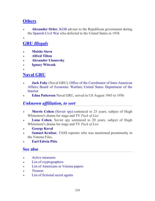 210
Others
• Alexander Orlov, KGB adviser to the Republican government during
the Spanish Civil War who defected to the United States in 1938.
•
GRU Illegals
• Moishe Stern
• Alfred Tilton
• Alexander Ulanovsky
• Ignacy Witczak
•
Naval GRU
• Jack Fahy (Naval GRU), Office of the Coordinator of Inter-American
Affairs; Board of Economic Warfare; United States Department of the
Interior
• Edna Patterson Naval GRU, served in US August 1943 to 1956
Unknown affiliation, to sort
• Morris Cohen (Soviet spy) sentenced to 25 years; subject of Hugh
Whitemore's drama for stage and TV Pack of Lies
• Lona Cohen, Soviet spy sentenced to 20 years; subject of Hugh
Whitemore's drama for stage and TV Pack of Lies
• George Koval
• Samuel Krafsur, TASS reporter who was mentioned prominently in
the Venona Files.
• Earl Edwin Pitts
See also
• Active measures
• List of cryptographers
• List of Americans in Venona papers
• Treason
• List of fictional secret agents
 