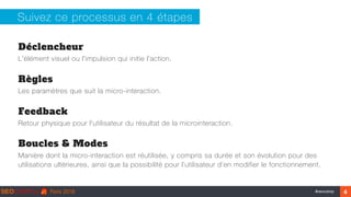 ‹#›#seocamp
Déclencheur
L'élément visuel ou l'impulsion qui initie l'action.
Règles
Les paramètres que suit la micro-interaction.
Feedback
Retour physique pour l'utilisateur du résultat de la microinteraction.
Boucles & Modes
Manière dont la micro-interaction est réutilisée, y compris sa durée et son évolution pour des
utilisations ultérieures, ainsi que la possibilité pour l’utilisateur d’en modifier le fonctionnement.
Suivez ce processus en 4 étapes
4
 