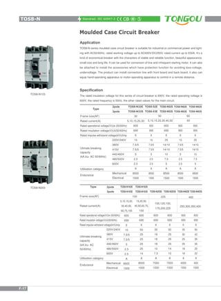 Standrad: IEC 60947-2
Moulded Case Circuit Breaker
Application
TOS8-N series moulded case circuit breaker is suitable for industrial or commercial power and light-
ing with AC50/60Hz, rated working voltage up to AC600V/DC250V, rated current up to 630A. It’s a
kind of economical breaker with the characters of stable and reliable function, beautiful appearance,
small size and long life. It can be used for conversion of line and infrequent starting motor. It can also
be attached to install the accessories which have protection function for avoiding loss-voltage,
undervoltage. The product can install connection line with front board and back board, it also can
equip hand-operating apparatus or motor-operating apparatus to control in a remote distance.
Specification
The rated insulation voltage for this series of circuit breaker is 690V, the rated operating voltage is
600V, the rated frequency is 50Hz, the other rated values for the main circuit.
TOS8-N103
TOS8-N203
Endurance
220V/240V
380V
415V
440/460V
480/500V
600V
Mechanical
Electrical
5,10,15,20,30,40,50 60
Frame size(AF)
Rated current(A)
Rated operational voltage(V)Ue (50/60Hz)
Rated insulation voltage(V)Ui(50/60Hz)
Rated impulse withstand voltage(kV)Uimp
Utilisation category
Type
2pole
3pole
TOS8-N32E
TOS8-N33S
30
5,10,15,20,30
600
690
6
10
7.5/5
7.5/5
5
2.5
2.5
A
8500
1500
TOS8-52E
TOS8-53E
600
690
6
10
7.5/5
7.5/5
5
2.5
2.5
A
8500
1500
TOS8-N52S
TOS8-N53S
600
690
6
25
14/10
14/10
10
7.5
5
A
8500
1500
TOS8-N62E
TOS8-N63E
600
900
6
10
7.5/5
7.5/5
5
2.5
2.5
A
8500
1500
TOS8-N62S
TOS8-N63S
600
900
6
25
14/10
14/10
10
7.5
5
A
8500
1500
50 60
Utimate breaking
capacity
(kA,Icu AC 50/60Hz)
Type 2pole
3pole
Frame size(AF)
Rated current(A)
Rated operational voltage(V)Ue (50/60Hz)
Rated insulation voltage(V)Ui(50/60Hz)
Rated impulse withstand voltage(kV)Uimp
Utilisation category
Uitimate breaking
capacity
(kA,Icu AC
50/60Hz)
Endurance
220V/240V
380V
415V
440/460V
480/500V
600V
Mechanical
Electrical
400
250,300,350,400
TOS8-N403E
600
690
6
35
30
25
25
18
18
A
4000
1000
TOS8-N403S
600
690
6
50
42
35
35
25
22
A
400
1000
TOS8-N102E
TOS8-N103E
5,10,15,20,
30,40,50,
60,75,100
600
690
6
10
7.5/5
7.5/5
5
2.5
2.5
A
8500
1500
100
TOS8-N102S
TOS8-N103S
15,20,30,
40,50,60,75,
100
600
690
6
50
25
25
25
25
14
A
8500
1500
TOS8-N203E
600
690
6
35
18
18
18
10
7.5
A
7000
1000
225
TOS8-N203S
600
690
6
50
25
25
25
14
10
A
7000
1000
100,125,150,
175,200,225
TOS8-N
F-17
 