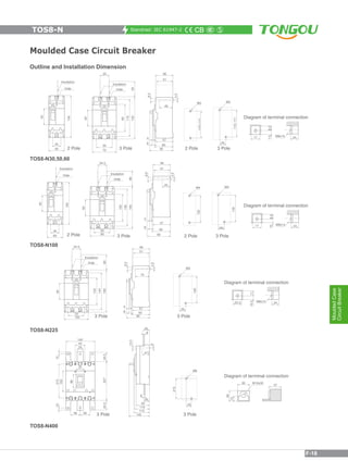 Standrad: IEC 61947-2
Moulded Case Circuit Breaker
Outline and Installation Dimension
TOS8-N225
TOS8-N400
TOS8-N30,50,60
TOS8-N100
TOS8-N
MouldedCase
CircuitBreaker
F-18
Moulded Case Circuit Breaker
 