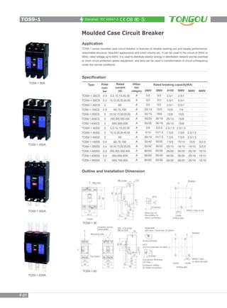 Standrad: IEC 60947-2
Moulded Case Circuit Breaker
Application
TOS9-1 series moulded case circuit breaker is features of reliable working out and steady performance,
reasonable structure, beautiful appearance and small volume etc. It can be used in the circuit of 50Hz or
60Hz, rated voltage up to 600V. It is used to distribute electric energy in distribution network and be overload
or short circuit protection power equipment, and also can be used in transformation of circuit unfrequency
under the normal conditions.
TOS9-1-50A
TOS9-1-250A
TOS9-1-400A
TOS9-1-630A
Specification
Outline and Installation Dimension
Rated breaking capacity(KA)
240V 380V 415V 600V500V 600V
Utiliza-
tion
category
A
A
A
A
A
A
A
A
A
A
A
A
A
A
A
Rated
current
(A)
3,5,10,15,20,30
10,15,20,30,40,50
60
60,70,100
125,150,175,200,225,250
250,300,350,400
500,600,630
3,5,10,15,20,30
10,15,20,30,40,50
60
60,70,100
125,150,175,200,225,250
250,300,350,400
500,600,630
600,700,800
Poles
num-
ber
2,3
2,3
3
2,3
3
3
3
3
3
3
3,4
3,4
3,4
3,4
3
Type
TOS9-1-30CS
TOS9-1-50CS
TOS9-1-60CS
TOS9-1-100CS
TOS9-1-250CS
TOS9-1-400CS
TOS9-1-630CS
TOS9-1-30SS
TOS9-1-50SS
TOS9-1-60SS
TOS9-1-100SS
TOS9-1-250SS
TOS9-1-400SS
TOS9-1-630SS
TOS9-1-800SS
5/2
5/2
5/2
25/13
30/15
50/25
50/35
5/5
5/10
50/10
50/42
50/42
85/60
85/60
85/60
5/2
5/2
5/2
10/5
18/9
36/18
36/18
5/2.5
10/7.5
10/7.5
30/20
30/22
50/35
50/35
50/35
2.5/1
2.5/1
2.5/1
10/5
15/8
25/13
25/13
2.5/1.5
7.5/5
7.5/5
7.5/5
25/15
25/20
50/30
50/30
2.5/1
2.5/1
2.5/1
7/4
10/5
15/8
15/8
2.5/1.0
7.5/5
7.5/5
15/10
18/15
35/25
35/25
35/25
-
-
-
-
-
-
-
-
2.5/1.5
2.5/1.5
10/5
15/10
25/18
25/18
25/18
-
-
-
-
-
-
-
-
-
-
5/2.5
5/2.5
15/10
15/10
15/10
TOS9-1-30
TOS9-1-60
TOS9-1
F-21
 