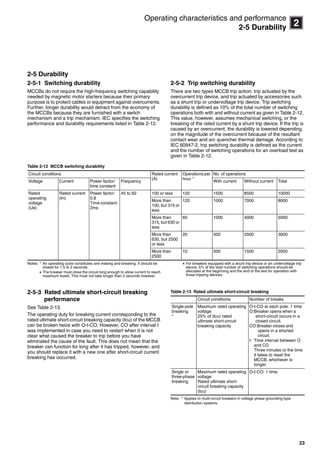 23
2
Operating characteristics and performance
2-5 Durability
2-5 Durability
2-5-1 Switching durability
MCCBs do not require the high-frequency switching capability
needed by magnetic motor starters because their primary
purpose is to protect cables or equipment against overcurrents.
Further, longer durability would detract from the economy of
the MCCBs because they are furnished with a switch
mechanism and a trip mechanism. IEC specifies the switching
performance and durability requirements listed in Table 2-12.
2-5-2 Trip switching durability
There are two types MCCB trip action: trip actuated by the
overcurrent trip device, and trip actuated by accessories such
as a shunt trip or undervoltage trip device. Trip switching
durability is defined as 10% of the total number of switching
operations both with and without current as given in Table 2-12.
This value, however, assumes mechanical switching, or the
breaking of the rated current by a shunt trip device. If the trip is
caused by an overcurrent, the durability is lowered depending
on the magnitude of the overcurrent because of the resultant
contact wear and arc quencher thermal damage. According to
IEC 60947-2, trip switching durability is defined as the current
and the number of switching operations for an overload test as
given in Table 2-12.
Table 2-12 MCCB switching durability
Notes: * An operating cycle constitutes one making and breaking. It should be
closed for 1.5 to 2 seconds.
 The breaker must close the circuit long enough to allow current to reach
maximum levels. This must not take longer than 2 seconds however.
 For breakers equipped with a shunt trip device or an undervoltage trip
device, 5% of the total number of switching operations should be
allocated at the beginning and the end of the test for operation with
those tripping devices.
2-5-3 Rated ultimate short-circuit breaking
performance
See Table 2-13.
The operating duty for breaking current corresponding to the
rated ultimate short-circuit breaking capacity (Icu) of the MCCB
can be broken twice with O-t-CO. However, CO after interval t
was implemented in case you need to restart when it is not
clear what caused the breaker to trip before you have
eliminated the cause of the fault. This does not mean that the
breaker can function for long after it has tripped, however, and
you should replace it with a new one after short-circuit current
breaking has occurred.
Table 2-13 Rated ultimate short-circuit breaking
Note: * Applies to multi-circuit breakers in voltage phase grounding-type
distribution systems.
Circuit conditions Rated current
(A)
Operations per
hour *
No. of operations
Voltage Current Power factor/
time constant
Frequency With current Without current Total
Rated
operating
voltage
(Ue)
Rated current
(In)
Power factor:
0.8
Time constant:
2ms
45 to 62 100 or less 120 1500 8500 10000
More than
100, but 315 or
less
120 1000 7000 8000
More than
315, but 630 or
less
60 1000 4000 5000
More than
630, but 2500
or less
20 500 2500 3000
More than
2500
10 500 1500 2000
Circuit conditions Number of breaks
Single-pole
breaking
*
Maximum rated operating
voltage
25% of (Icu) rated
ultimate short-circuit
breaking capacity
O-t-CO at each pole: 1 time
O:Breaker opens when a
short-circuit occurs in a
closed circuit.
CO:Breaker closes and
opens in a shorted
circuit.
t: Time interval between O
and CO
Three minutes or the time
it takes to reset the
MCCB, whichever is
longer.
Single or
three-phase
breaking
Maximum rated operating
voltage
Rated ultimate short-
circuit breaking capacity
(Icu)
O-t-CO: 1 time
Circuit breakers_new.book Page 23 Wednesday, August 24, 2011 11:33 AM
 