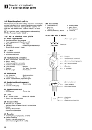 28
3
Selection and application
3-1 Selection check points
3-1 Selection check points
When applying MCCBs to low-voltage circuits it is necessary to
consider their short-circuit breaking capacities, rated voltages,
rated currents, installation details, protection systems, wire
sizes and type of load (motor, capacitor, mercury arc lamp,
etc.)
Fig. 3-1 illustrates points to be considered when selecting
MCCBs. These are listed in Table 3-1.
3-1-1 MCCB selection check points
(1) Power supply system
• Distribution system type/Network
• Power supply capacity/Transformer kVA
• Regulation • AC or DC
• Frequency • Line voltage/Rated voltage
• Circuits/Single-phase, 3-phase
(2) Location
• Environment conditions
• Ambient temperature
(3) Installation and connection
• Motor control center, distribution board
• Main or branch
• Front mounted, front connection
• Front mounted, rear connection
• Flush mounted • Plug-in
• Draw-out • Arc space clearance
• Mounting angle • Termination
(4) Applications
• Line protection • Motor protection
• Instantaneous trip • Marine use
• Special purpose/Welder, capacitor, lights
(5) Short-circuit breaking capacity
• Fully-rated • Selective trip
• Cascade (backup) trip
(6) Short-circuit current
• MCCB series • Frame size
(7) Loads
• MCCB rated current • Wire size, bus bars
• Current-time characteristics
(8) Characteristics
• Wire and load equipment
Mechanical and allowable thermal characteristics
• Breaker
Breaking characteristics
Operation characteristics
(9) Operation
• Switching frequency/operating durability
• Operation method
Remote – manual, motor driven
External operating handle (V and N)
(10) Accessories
• Undervoltage trip • Auxiliary switch
• Shunt trip • Alarm switch
• Padlocking • Terminal cover
• Mechanical interlock device • Enclosure
Fig. 3-1 Check points for selection
1. Power supply system
Transformer
2. Location
3. Installation and connection
5. Short-circuit breaking capacity
8. MCCB characteristics
9. Operation
10. Accessory
6. Short-circuit current
7. Loads and wires
8. Wire characteristics
8. Equipment characteristics
4. Application
7. LoadsLoad
Circuit breakers_new.book Page 28 Wednesday, August 24, 2011 11:33 AM
 