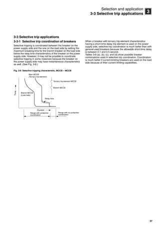 37
3
Selection and application
3-3 Selective trip applications
3-3 Selective trip applications
3-3-1 Selective trip coordination of breakers
Selective tripping is coordinated between the breaker on the
power supply side and the one on the load side by setting the
maximum breaking time for the branch breaker on the load side
below the relay time characteristics of the breaker on the power
supply side. However, it may not be possible to coordinate
selective tripping in some instances because the breaker on
the power supply side may have instantaneous characteristics
as well. (See Fig. 3-6.)
Fig. 3-6 Selective tripping characteristic, MCCB – MCCB
When a breaker with ternary trip-element characteristics
having a short-time delay trip element is used on the power
supply side, selective trip coordination is much better than with
general-used breakers because the allowable short-time delay
is between 0.1 and 0.5 second.
Tables 3-6 (a), (b), (c), and (d) show possible breaker
combinations used in selective trip coordination. Coordination
is much better if current-limiting breakers are used on the load
side because of their current limiting capabilities.
Ternary trip-element MCCB
Branch MCCB
Branch MCCB
(Load side)
Main MCCB
(Ternary trip-element)
Relay time
Current
Range with protective
coordination
Range with no protective
coordination
Time
Circuit breakers_new.book Page 37 Wednesday, August 24, 2011 11:33 AM
 