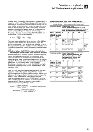 63
3
Selection and application
3-7 Welder circuit applications
However, since the standard maximum input is prescribed for a
resistance welder, even if the secondary circuit is fully shorted,
the maximum short-circuit current is some 30% higher than the
rated welding current (secondary current corresponding to the
standard maximum input) at most. Consequently, allowance
would be needed only for a value about 30% higher than the
current corresponding to the standard maximum input.
Assuming a standard maximum input of 55kVA at 230V AC
single-phase, IL (max) is calculated as
This result requires that the tLIL curve shown in Fig. 3-24 be
positioned below the hot-start characteristic curve of the
MCCB in the range IL  310 (A). A general guideline for filling
this requirement is to set the rated current of the MCCB at least
1.5 times higher than the thermal equivalent current calculated
in (i).
(iii)Method to keep the MCCB free from malfunctioning
caused by the inrush current when the circuit is closed.
With welders that use thyristors to permit closed circuit phase
control, such as those operating in synchronous or semi-
synchronous mode, the inrush current associated with the
biased excitation of the transformer core would not be much of
a problem. Rather, only the inrush current associated with the
superposed DC component needs to be considered.
Specifically, a choice should be made of an MCCB having its
instantaneous tripping current at least two times the IL (max)
calculated in (ii).
Table 3-19 lists typical MCCBs that are selected to work with
resistance welders that operate in synchronous or semi-
synchronous mode, pursuant to the requirements given in (i) to
(iii) above. Since, generally, the standard maximum input of a
welder is some three times its rated capacity, and the
instantaneous tripping current of an MCCB is eight times its
rated current or higher, the following equation may be used to
select an MCCB to work with welders that operate in
synchronous or semi-synchronous mode:
Table 3-19 Spot welder circuit motor breaker selection
Note: This table applies to models that can use a thyristor to perform phase
control at startup for a synchronous or semi-synchronous system.
× 1.3 ≈ 310 [A]55000
230
IL (max) =
IN > 1.1 ×
Rated capacity
Rated voltage
Assumption:
Max. input capacity
Rated capacity
≤ 3
IN = MCCB rated current
Resistance welder Single-phase, 200V
Circuit short-circuit capacity (kA) (The
short-circuit current at the service entrance
must be less than the following values.)
Rated
capacity
example
(kVA)
Maximu
m input
example
(kVA)
5 25 36 50 100
15 35 BW100
AAG-
2P100
BW100
EAG-
2P100
BW125JAG-
2P100
30 65 BW125JAG-2P125 BW125
RAG-
2P125
55 140 BW250EAG-2P225 BW250RAG-
2P225
Resistance welder Single-phase, 400V
Circuit short-circuit capacity (kA)
(The short-circuit current at the
service entrance must be less
than the following values.)
Rated
capacity
example
(kVA)
Maximu
m input
example
(kVA)
10 18 30 50
15 35 BW50
RAG-
2P050
BW125JAG-
2P050
BW125
RAG-
2P050
30 65 BW100
EAG-
2P100
BW125JAG-
2P100
BW125
RAG-
2P100
55 140 BW125JAG-2P125 BW125
RAG-
2P125
Circuit breakers_new.book Page 63 Wednesday, August 24, 2011 11:33 AM
 