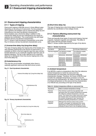 8
2
Operating characteristics and performance
2-1 Overcurrent tripping characteristics
2-1 Overcurrent tripping characteristics
2-1-1 Types of tripping
Overcurrent tripping in MCCBs occurs in three different ways
depending on the amount of overcurrent. For line protection
use in general, the breakers use an inverse-time delay trip and
instantaneous trip (dual trip-element characteristic).
Some breakers use a short-time delay in addition to the
inverse-time delay trip and the instantaneous trip mainly for
selective trip coordination. This is particularly true with larger
breakers (ternary trip-element characteristic).
Fig. 2-1 shows a dual trip-element characteristic curve while
Fig. 2-2 shows a ternary trip-element characteristic curve.
(1) Inverse-time delay trip (long-time delay)
This type of tripping delays the tripping time of the breaker at a
rate inversely proportional to the amount of overcurrent. It is
available as either a thermal-magnetic type that uses ordinary
bimetal elements or as a hydraulic-magnetic type that uses oil
dashpot damping. The trip is also referred to as a long-time
delay trip to distinguish it from the shorter tripping time of the
short-time delay trip.
(2) Instantaneous trip
This trips the circuit breaker immediately when there is
relatively significant overcurrent like short-circuit current.
Fig. 2-1 Dual trip-element characteristic
Fig. 2-2 Ternary trip-element characteristic
(3) Short-time delay trip
This type of tripping has a short-time delay to handle the
selective trip coordination of low-voltage circuits.
2-1-2 Factors affecting overcurrent trip
characteristics
There are basically three types of overcurrent tripping: thermal-
magnetic, hydraulic-magnetic and solid-state. The effect of
each varies with the principle involved.
Table 2-1 shows models organized by the type of trip device.
Table 2-1 Breaker trip devices
(1) Ambient temperature
If an MCCB is used at a temperature other than the reference
ambient temperature at which its overcurrent trip
characteristics are prescribed, the long-time delay trip
characteristic changes. Therefore, the choice of MCCB must
consider the cataloged temperature correction curve and
overcurrent trip characteristics. As Table 2-2 shows, the effects
of ambient temperature on the overcurrent trip characteristics
of an MCCB vary according to the type of trip device.
Table 2-2 Ambient temperature effects on overcurrent trip
Inverse time-delay trip (Long-time delay trip)
Instantaneous trip
Operatingtime
Current
Inverse time-delay trip (Long-time delay trip)
Short-time delay trip
Instantaneous trip
Operatingtime
Current
Trip device MCCB type ELCB type (Reference)
Thermal-magnetic The following models
not included.
The following models
not included.
Hydraulic-
magnetic
BW32AAG, BW32SAG
BW50AAG, BW50EAG
BW50SAG, BW50RAG
BW63EAG, BW63SAG
BW63RAG
BW100AAG
BW100EAG
EW32AAG, EW32EAG
EW32SAG
EW50AAG, EW50EAG
EW50SAG, EW50RAG
EW63EAG, EW63SAG
EW63RAG
EW100AAG
EW100EAG
Trip device Effect of ambient temperature change
Thermal-
magnetic
The minimum current for trip operation will
decrease when the ambient temperature exceeds
the reference ambient temperature, and vice
versa. This means that a lower overcurrent makes
the bimetal reach the operating temperature as
the ambient temperature rises, because the
bimetal's operating temperature is constant.
Hydraulic-
magnetic
Although the minimum value of trip current
remains unchanged, the operating time varies
depending on the ambient temperature, as the
viscosity of silicon fluid in the oil dashpot varies.
Circuit breakers_new.book Page 8 Wednesday, August 24, 2011 11:33 AM
 