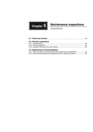 Chapter 5 Maintenance inspections
CONTENTS
5-1 Faults and causes.................................................................................................90
5-2 Periodic inspections
5-2-1 Initial inspection............................................................................................................92
5-2-2 Periodic inspections .....................................................................................................92
5-2-3 Inspection following overcurrent tripping ......................................................................93
5-3 Replacement recommendations
5-3-1 Recommendations for MCCB deterioration diagnosis and replacement......................94
5-3-2 Recommended replacement guidelines based on switching durability ........................94
Circuit breakers_new.book Page 89 Wednesday, August 24, 2011 11:33 AM
 