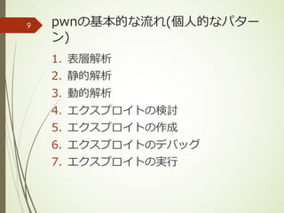 pwnの基本的な流れ(個⼈的なパター
ン)
1. 表層解析
2. 静的解析
3. 動的解析
4. エクスプロイトの検討
5. エクスプロイトの作成
6. エクスプロイトのデバッグ
7. エクスプロイトの実⾏
9
 