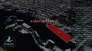 A GEM OF A PARCEL.
“Considered the hub of
Latin America, Miami has
a year-round tropical
climate, world class
beaches, exceptional
dining and everything one
expects from an elite
international city.
Miami is a cultural
destination with its new
Arsht Performing Arts
Center, Florida Grand
Opera, Miami City Ballet,
New World Symphony,
Coconut Grove Art
Festival, Miami Film
Festival, Art Basel Miami
just to name a few.”
 