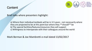 Content
Brief talks where presenters highlight:
a) Where their individual testbeds will be in 3-5 years - not necessarily where
they are projected to be at this point but where they **should** be
b) The special facilities/features/resources they will support
c) Willingness to interoperate with their colleagues around the world
Mark Berman & Joe Mambretti e-mail dated 13/02/2017
 