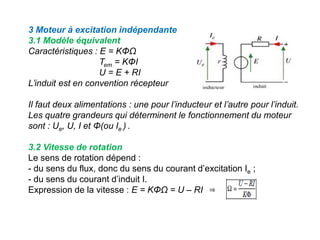 3 Moteur à excitation indépendante
3.1 Modèle équivalent
Caractéristiques : E = KΦΩ
Tem = KΦI
U = E + RI
L’induit est en convention récepteur
Il faut deux alimentations : une pour l’inducteur et l’autre pour l’induit.
Les quatre grandeurs qui déterminent le fonctionnement du moteur
sont : Ue, U, I et Φ(ou Ie ) .
3.2 Vitesse de rotation
Le sens de rotation dépend :
- du sens du flux, donc du sens du courant d’excitation Ie ;
- du sens du courant d’induit I.
Expression de la vitesse : E = KΦΩ = U – RI
 