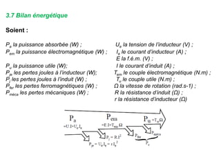 3.7 Bilan énergétique
Soient :
Pa la puissance absorbée (W) ; Ue la tension de l’inducteur (V) ;
Pem la puissance électromagnétique (W) ; Ie le courant d’inducteur (A) ;
E la f.é.m. (V) ;
Pu la puissance utile (W); I le courant d’induit (A) ;
Pje les pertes joules à l’inducteur (W); Tem le couple électromagnétique (N.m) ;
Pj les pertes joules à l’induit (W) ; Tu le couple utile (N.m) ;
Pfer les pertes ferromagnétiques (W) ; Ω la vitesse de rotation (rad.s-1) ;
Pméca les pertes mécaniques (W) ; R la résistance d’induit (Ω) ;
r la résistance d’inducteur (Ω)
 