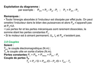 Exploitation du diagramme :
par exemple : Pem = Pa - Pje - Pj ; Pc = Pem - Pu
Remarques :
• Toute l’énergie absorbée à l’inducteur est dissipée par effet joule. On peut
omettre l’inducteur dans le bilan des puissances et alors Pje n’apparaît pas
et Pa=UI.
• Les pertes fer et les pertes mécaniques sont rarement dissociées, la
somme étant les pertes constantes Pc.
• Si le moteur est à aimant permanent, Ue, Ie et Pje n’existent pas.
3.8 Couples
Soient :
Tem le couple électromagnétique (N.m) ;
Tu le couple utile en sortie d’arbre (N.m).
Pertes constantes Pc = Pfer + Pméca = Pem - Pu
Couple de pertes TP
Tp = Pc / Ω = Pem /Ω – Pu /Ω = Tem - Tu
 