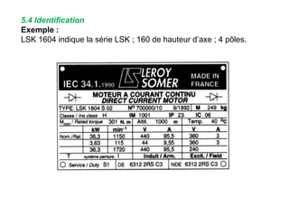 5.4 Identification
Exemple :
LSK 1604 indique la série LSK ; 160 de hauteur d’axe ; 4 pôles.
 