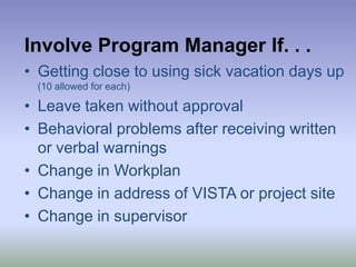 Involve Program Manager If. . .Getting close to using sick vacation days up (10 allowed for each) Leave taken without approvalBehavioral problems after receiving written or verbal warningsChange in WorkplanChange in address of VISTA or project site Change in supervisor