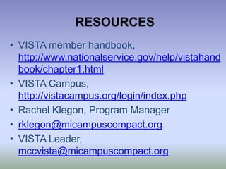MCC CommunicationWeekly e-mailsCheck in calls with VISTA LeaderMonthly poverty conference callsProvide support, resources and look for any concerns